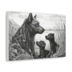 Black Wolf And Pups: A Family Scene - Printed on Canvas
